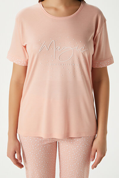 Ritnice Women's Magic Viscose Crew Neck Short Sleeve Salmon Bottom Top Pajama Set