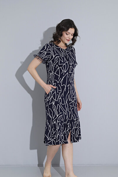 ROMEO LİFE Kadın Pamuklu Modal Kumaş Fermuar Detaylı Desenli Şık Elbise 7726