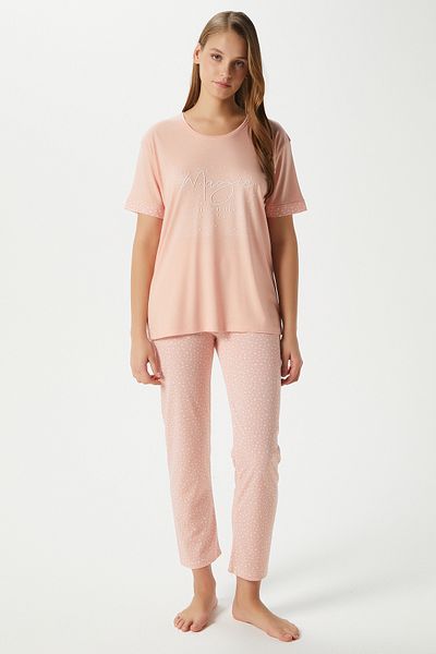 Ritnice Women's Magic Viscose Crew Neck Short Sleeve Salmon Bottom Top Pajama Set