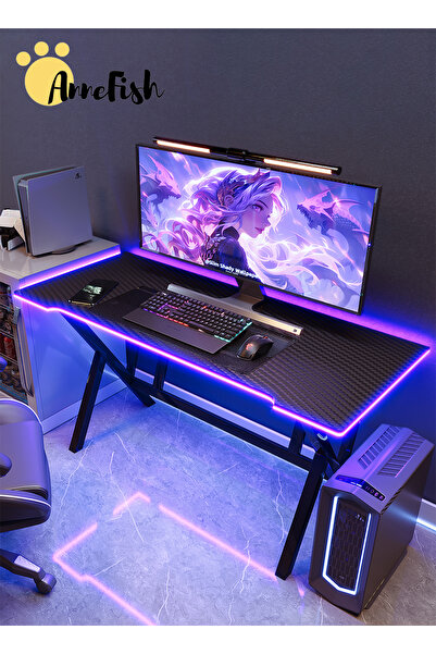 AnneFish مكتب ألعاب ذكي بقياس 100/120/140 سم مزود بشريط إضاءة LED وبلوتوث ومزامنة الموسيقى ومكتب كمبيوتر بسطح من ألياف الكربون