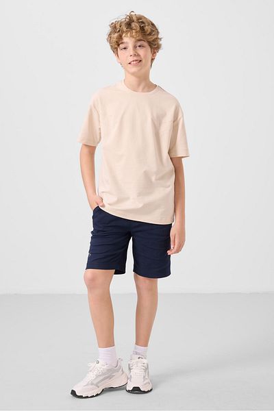 TOMMY LIFE Beige-Navy Blue Cotton Oversize Fit Woven Lightweight Flexible Chino Boy Shorts Suit - 11277