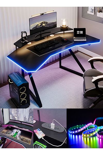 AnneFish 160cm Wing-Shaped Gaming Computer Desk Power Outlet Smart LED Light Monitor Stand Gamer Carbon Fiber