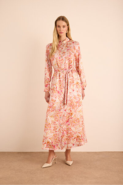 Aker Desenli Seyyar Kuşaklı İpek Gömlek Elbise