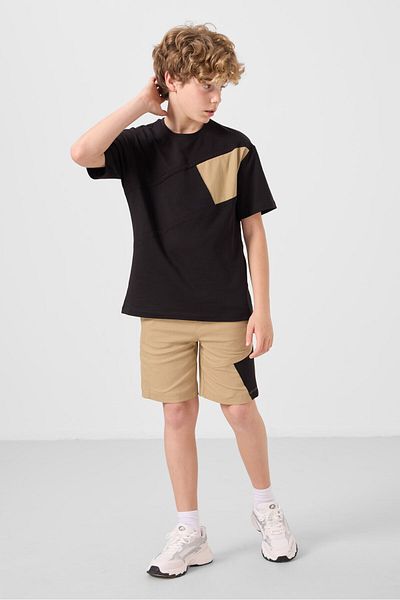 TOMMY LIFE Black-Dark Beige Cotton Oversize Fit Woven Lightweight Stretchy Chino Boy Shorts Suit - 11275