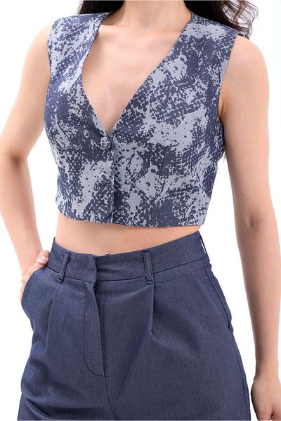 Dovil Women's Navy Blue High Waist Crop Short Set