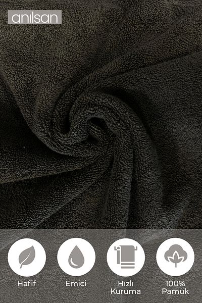 Anılsan 2 Pack Noor Anthracite Hand Towels - 50X70 Cm, 225 Gr, 100% Cotton, Spa and Hotel Towels, Daily Use