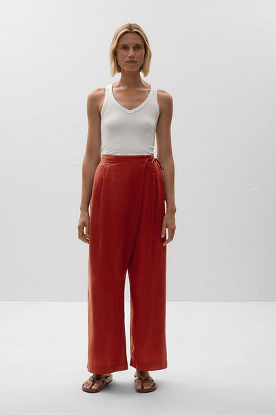 Oysho 100% linen wide straight-leg trousers with wrap sarong