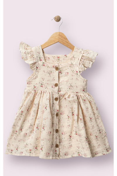 atölye kids Düğmeli Çiçek Baskılı MÜSLİN Elbise trend tarz moda bayramlık günlük