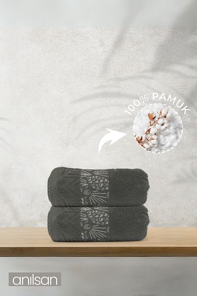 Anılsan Πετσέτες χεριών Ezra Anthracite 2 συσκευασιών - 50x70 cm, 225 gr, 100% βαμβάκι, πετσέτες σπα και ξενοδοχείου, καθημερινή χρήση
