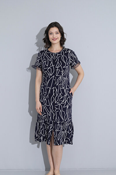 ROMEO LİFE Kadın Pamuklu Modal Kumaş Fermuar Detaylı Desenli Şık Elbise 7726