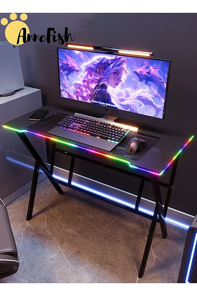 AnneFish 100/120/140cm Gaming Desk Smart Bluetooth Led Strip Music Sync Computer Desk Carbon Fiber Surface