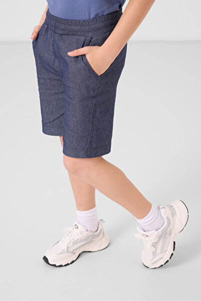 TOMMY LIFE Dark Blue-Denim Navy Blue Cotton Oversize Fit Woven Light Stretch Chino Boy's Shorts Suit - 11279