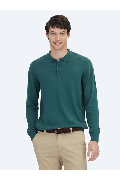Kip Mint Polo Neck Plain Knit Cotton Blended Sweater