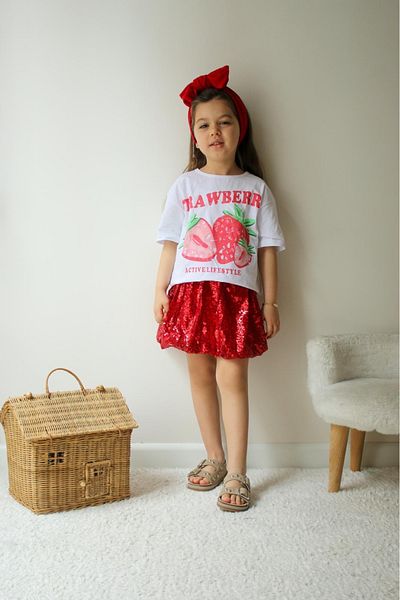 SANTRALBEBE Girl's Strawberry Printed Sequin Skirt Suit