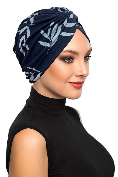 fidan bone Patterned Cross Combed Navy Blue Leaf Patterned Ready-Made Turban Hijab Pool Cap