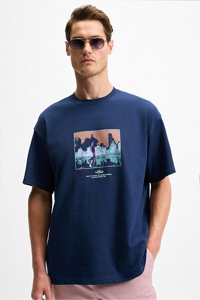 GRIMELANGE Aura Men's Print Detailed 100% Organic Cotton Crew Neck Short Sleeve Oversize Navy Blue T-Shirt