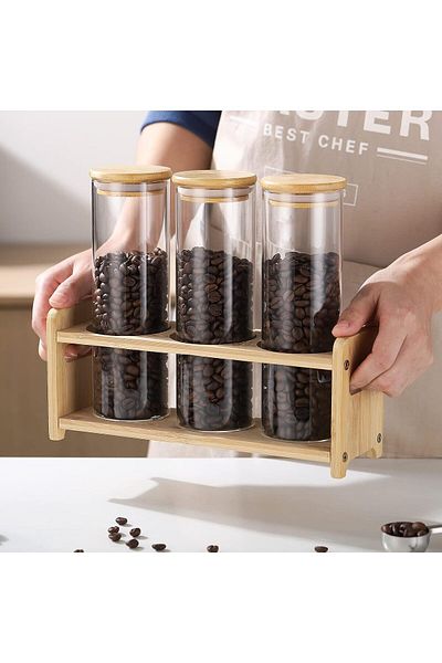 COOYA 3 Pcs Glass Spice Jars,With can holder,silicone sealing Bamboo Lids,For Kitchen Storage