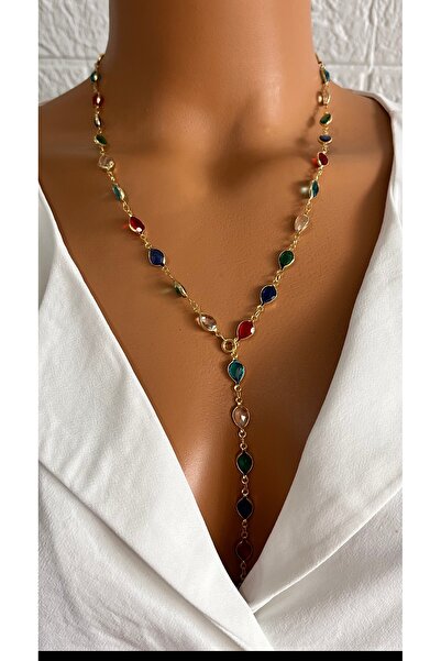 Aka Renkli taşlı Y kolye