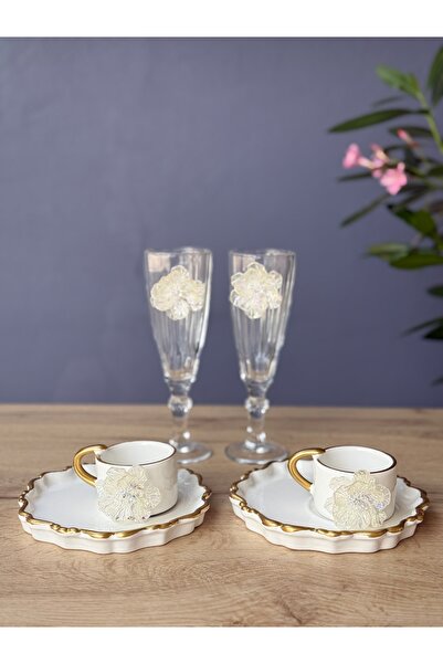 Hediye Köşkü Yeni Gelin Çiçekli 2 Kişilik Kahve Sunum Seti