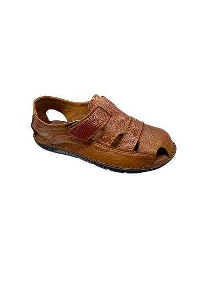 SULA Men's Velcro Strap Summer Sandals Leather Tan Stitched Poly Sole