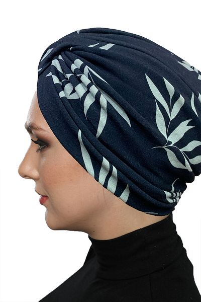 fidan bone Patterned Cross Combed Navy Blue Leaf Patterned Ready-Made Turban Hijab Pool Cap