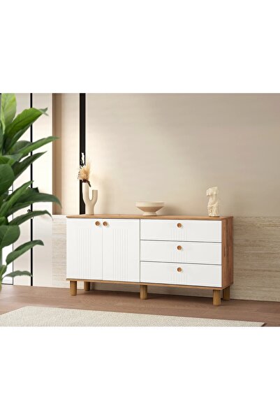 Evistro Yemek Odası Konsol 3 Çekmece 2 Kapaklı Beyaz-Meşe 160cm-Kurulu Gönder...