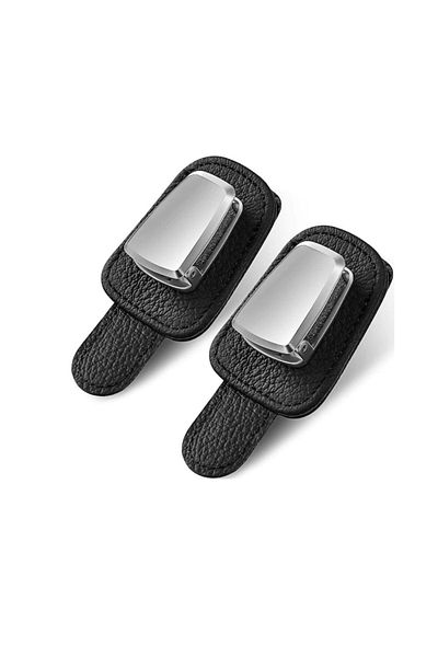 MACVI Suport ochelari auto Macvi®, prindere la parasolar, piele si aluminiu, 5x10 cm, negru