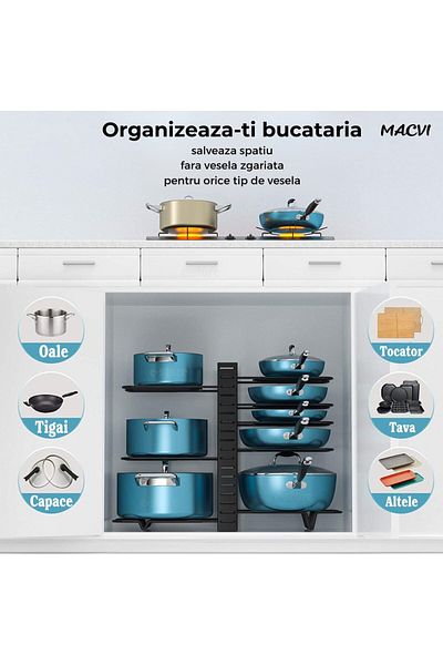 MACVI Suport reglabil 9 tigai si oale Macvi® metalic, 8 separatoare, utilizare verticala/orizontala, negru