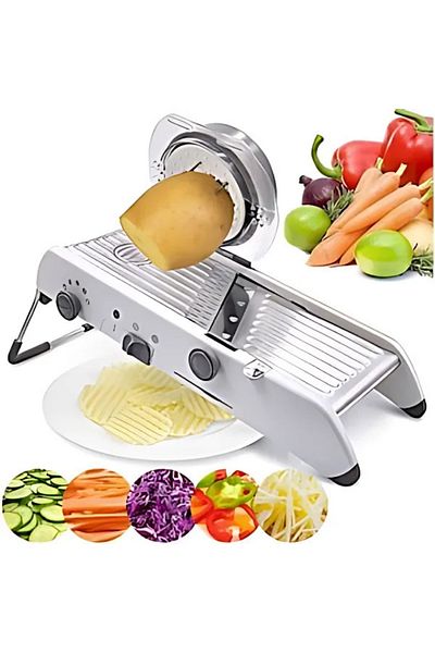 MACVI Macvi® vegetable and fruit grater, 18 cutting types, stainless steel blades, adjustable 1-7 mm, gray