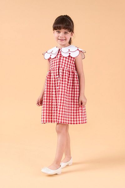 Banamio Livia Baby Girl Gingham Pattern Collar Embroidery Detailed Lined Dress