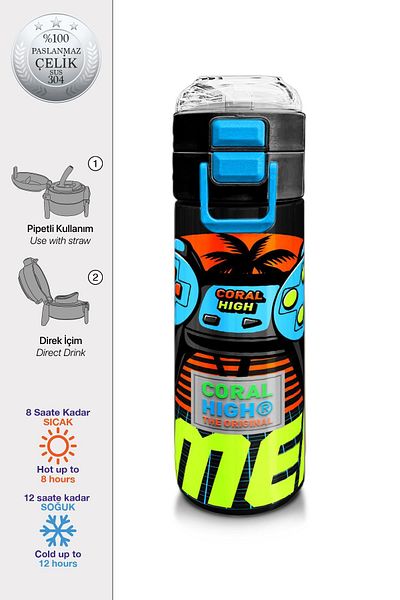 Coral High Kids Men's Patterned Straw and Direct Drinking Steel Thermos 500 ml