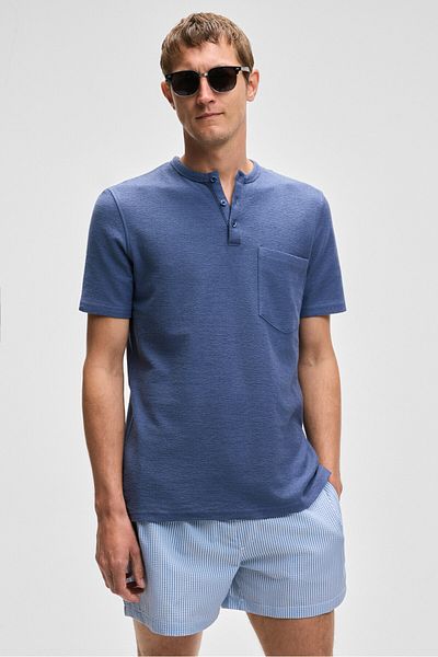 GRIMELANGE Ermac Men's Judge Collar Button Short Sleeve Indigo T-Shirt