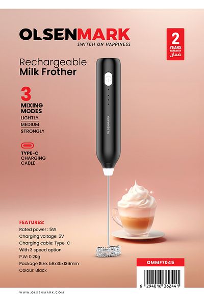 Olsenmark Rechargeable Milk Frother – 3-Speed Whisk for Coffee, Lattes, Eggs, Sauces & More