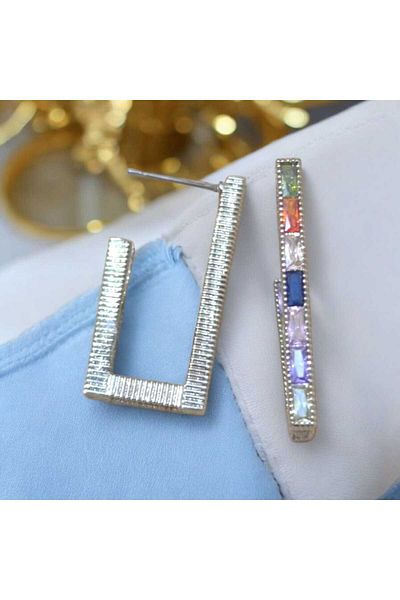 feyza collection Colorful Zircon Stone Rectangular Vip Steel Earrings