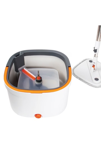 MACVI Mop Rotativ Macvi® cu Galeata, 2 lavete microfibra, Rotatie 360°, Stoarcere Automata, Gri Deschis