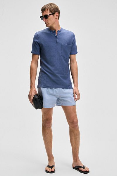 GRIMELANGE Ermac Men's Judge Collar Button Short Sleeve Indigo T-Shirt
