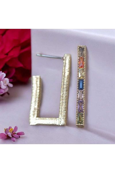 feyza collection Colorful Zircon Stone Rectangular Vip Steel Earrings