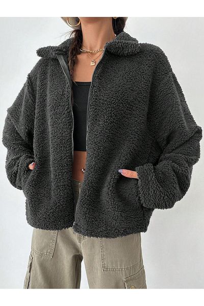 Purpleclo Women's Zippered Plush Teddy Cardigan