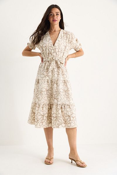 Bianco Lucci Women's Double Breasted Collar Elastic Waist Belted Embroidery Embroidered Linen Dress5240 60281057