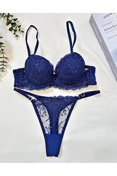 RUYAZ Set de lenjerie de corp pentru femei, albastru marin, cu sârmă, cu dantelă