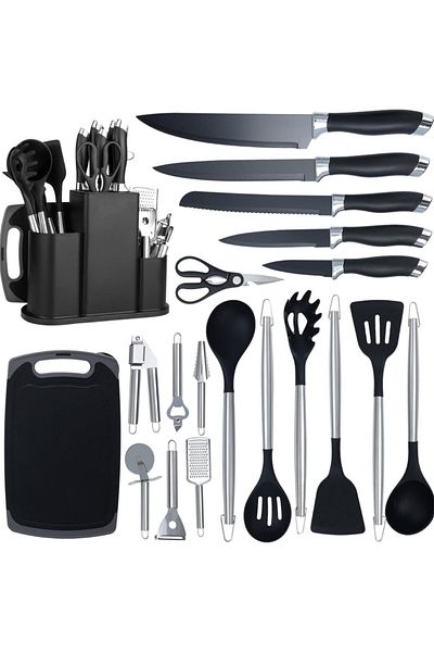 MACVI Set 20 Piese Utensile de Bucatarie si Cutite cu Suport Macvi®, Taietor, Ustensile de Silicon