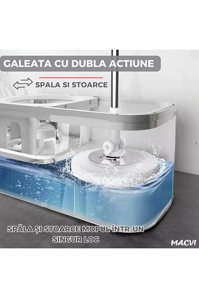MACVI Set Mop Rotativ Macvi®, Galeata, Dubla Actiune, Capat Microfibra, Cu Stoarcere, Ajustabil, Alb/Gri