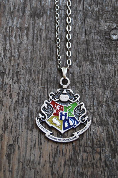 Rua Jewelry Harry Potter Hogwarts Logo Dört Ev Kolye - Mineli Antik Gümüş Kap...