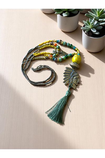 dela otantik Ethnic Style Handmade Tassels Long Necklace – Beaded Authentic Bohemian Vintage Yellow Big Bijouterie Jewelry