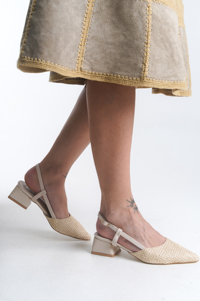 leopar by çetinay Bej Özel Hasır Malzeme Sivri Burun Arkası Açık Topuklu Günlük Stiletto/Ayakkabı