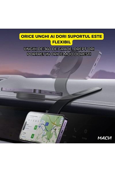MACVI Suport auto pentru telefon Macvi® cu brat flexibil din aluminiu, compatibil MagSafe, adeziva, negru