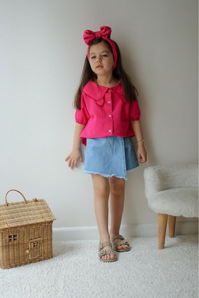 SANTRALBEBE Girl's Embroidered Collar Shirt and Denim Skirt Suit
