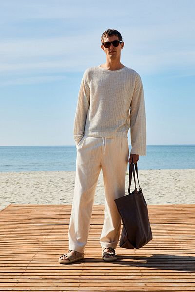 GRIMELANGE Edvin men's elastic waist side pocket linen blend Relaxed Fit ecru trousers
