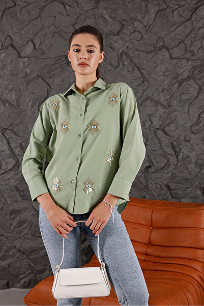 Amorti Women's Evil Eye Bead Embroidered Long Sleeve Shirt