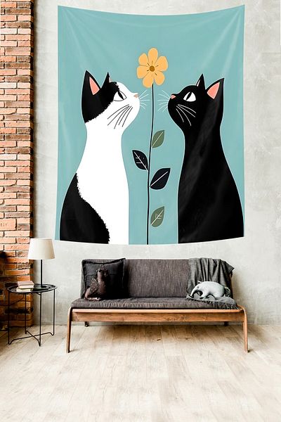 on the clouds Black White Cats Flower Pattern Stain Resistant Fabric Wall Cloth Wall Carpet Tapestry